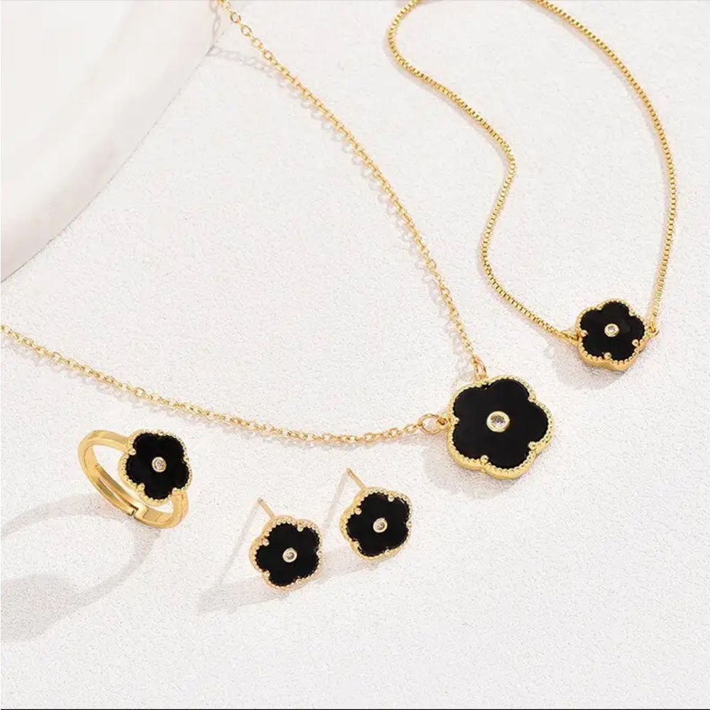 Gold Filled Black Flower CZ Jewelry Set